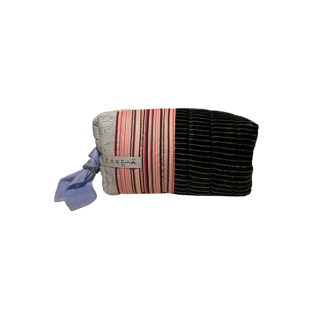 Make Up Bag Small Pink and Black Stripes and Blue 2